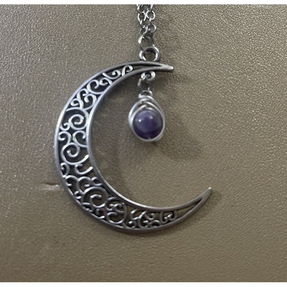 Cresent Moon Pendant 1.5" w/ Chain w/Healing Purple Stone Necklace Silver Tone